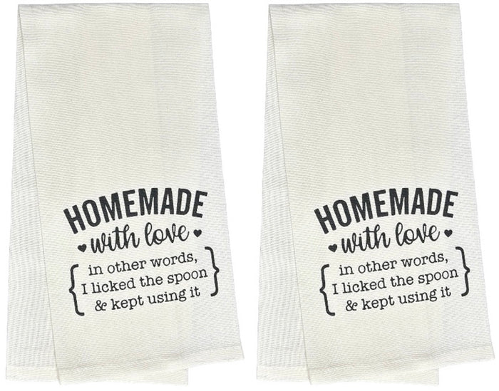 Homemade with Love in Other Words I Licked The Spoon & Kept Using it.Two Pcs 100% Cotton Funny Cute Saying Flour Sack Kitchen Towels Size: 15 X 25 Inch.