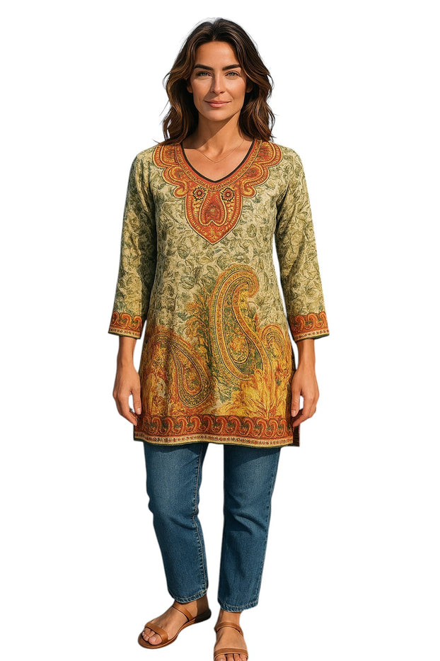Digital Printed Pure cotton tunic, Multi color with paisley motifs, Short Kurti, Soft and Breathable Top. - 1080-L
