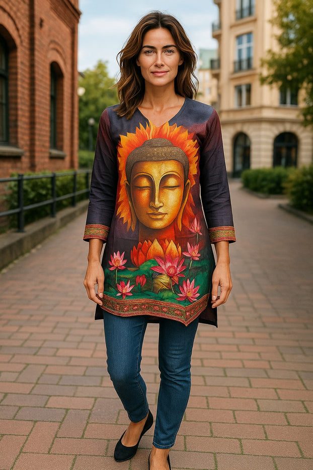 Digital Printed Pure cotton tunic, Multi color, Short Kurti, Soft and Breathable Top. - 1089-L