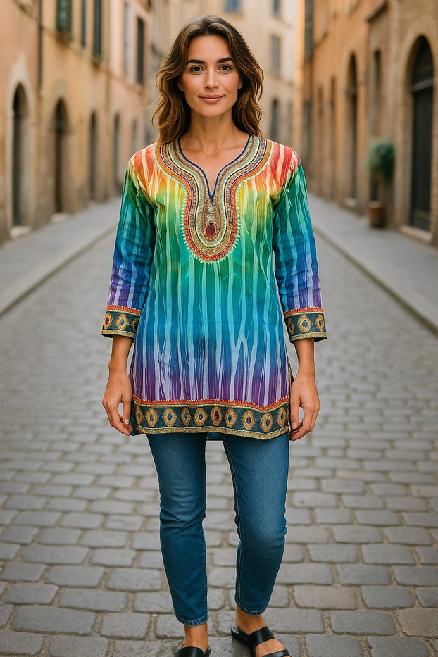 Digital Printed Pure cotton tunic, Multi color, Short Kurti, Soft and Breathable Top. - 1093-L