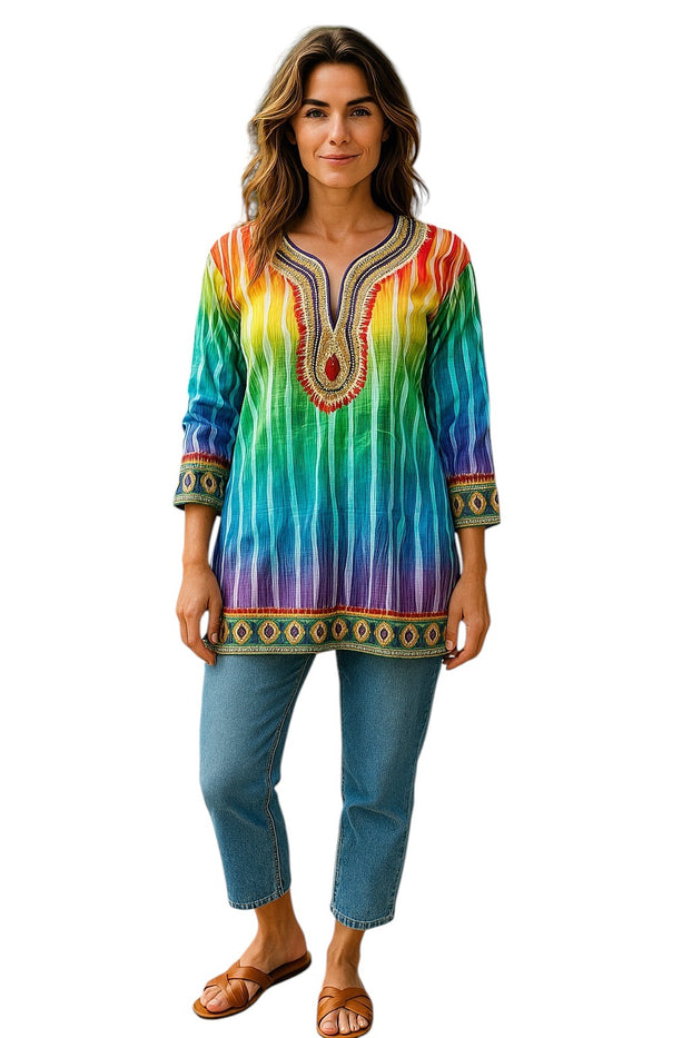 Digital Printed Pure cotton tunic, Multi color, Short Kurti, Soft and Breathable Top. - 1093-L