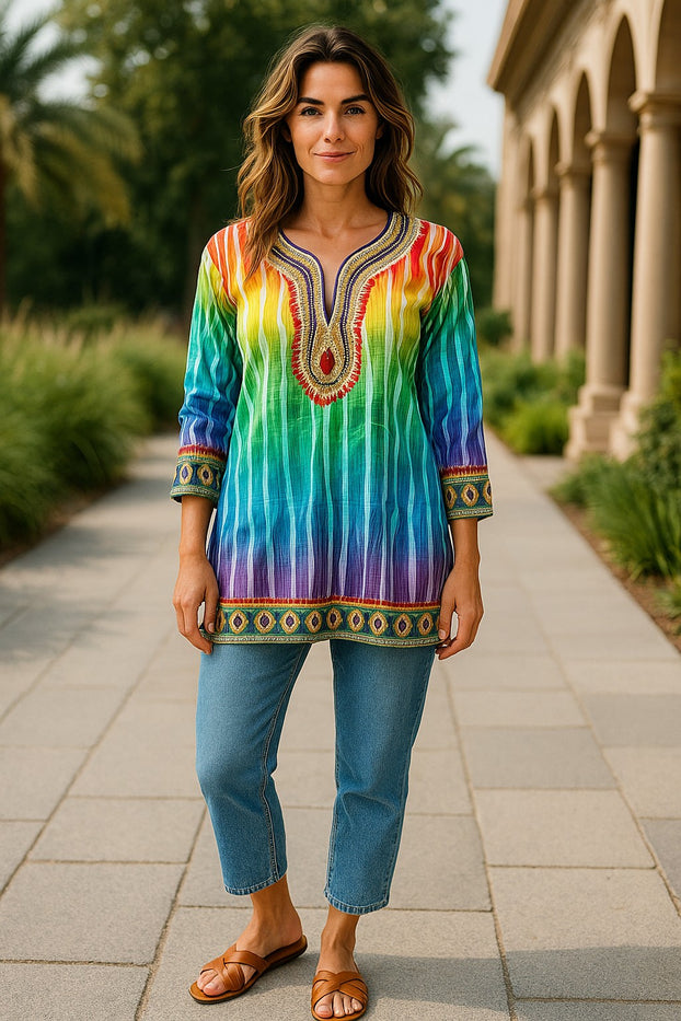 Digital Printed Pure cotton tunic, Multi color, Short Kurti, Soft and Breathable Top. - 1093-L