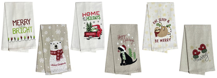 Set of 6, 100% Cotton Assorted Funny Christmas Kitchen Towels with Sentiments on White & Dark Linen Soft and Absorbent Tea Towels / Kitchen Towel Size: 15” x 25".