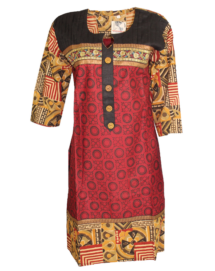 Red Tunic with Black Yoke with 3 Buttons, Round Neck, 3/4 Sleeves Tunic, Tops.