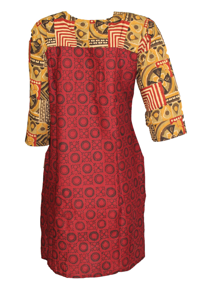 Red Tunic with Black Yoke with 3 Buttons, Round Neck, 3/4 Sleeves Tunic, Tops.