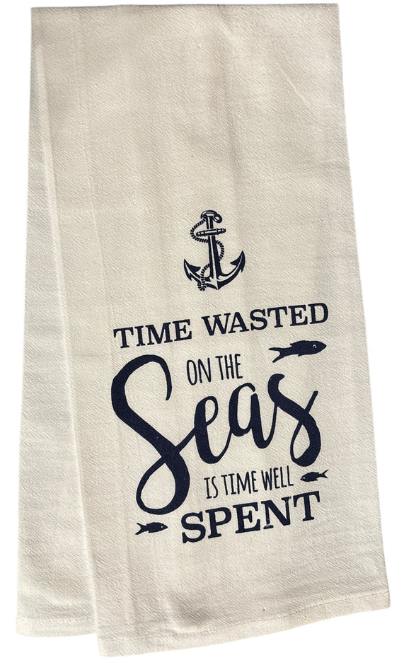Time Wasted on The seas is time Well Spent. Two-Piece Coastal Nautical Anchor Drop Flour Sack Kitchen Towels/Dish Towels, Size 16 X 28 Inches.