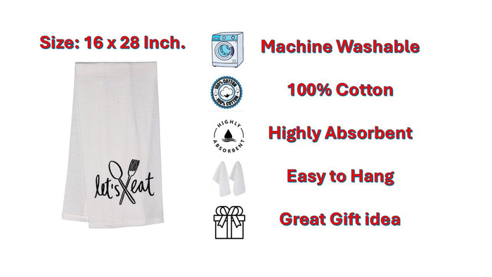 Let’s eat with Spoon and Fork. Two Pcs Funny Flour Sack Kitchen Towels Soft and Absorbent Size: 16 X 28 Inches.