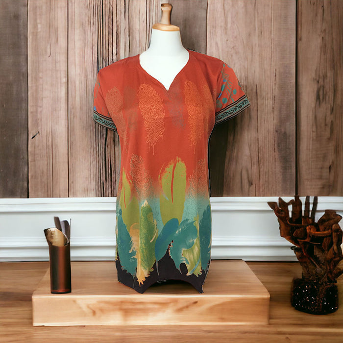 Indian Style Printed Kurtis for Women Short Crepe Kurti V-Neck, Short Sleeves Tunic Top Blouse. 3010-SS