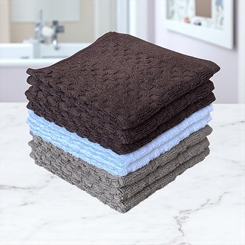 Wash Cloths Set of 8 - Checkered Design 100% Cotton Washcloths, Designed to exfoliate Your Hands, Body and face - Soft and Extra Absorbent Size 12" X 12".