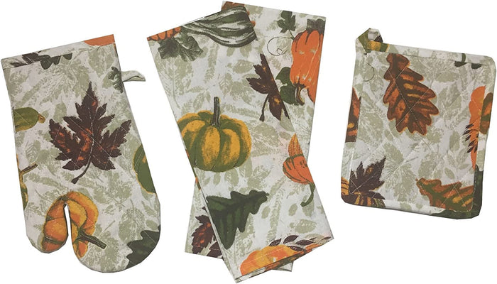 Pumpkin, Fall Leaf Design Halloween/Thanksgiving Kitchen Towel Set of 4, 2 Kitchen Towels, Pot Holder & Oven Mitt.