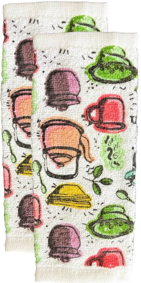 Kitchen Artwork, Canister, Pot, KIttle and More Design 100% Cotton Printed Kitchen Linen Set of 7, 2 Kitchen Towels, 2 Dish cloths, 2 Pot Holder, 1 Oven mitt, Non Slip, Washable, and Heat Resistant.