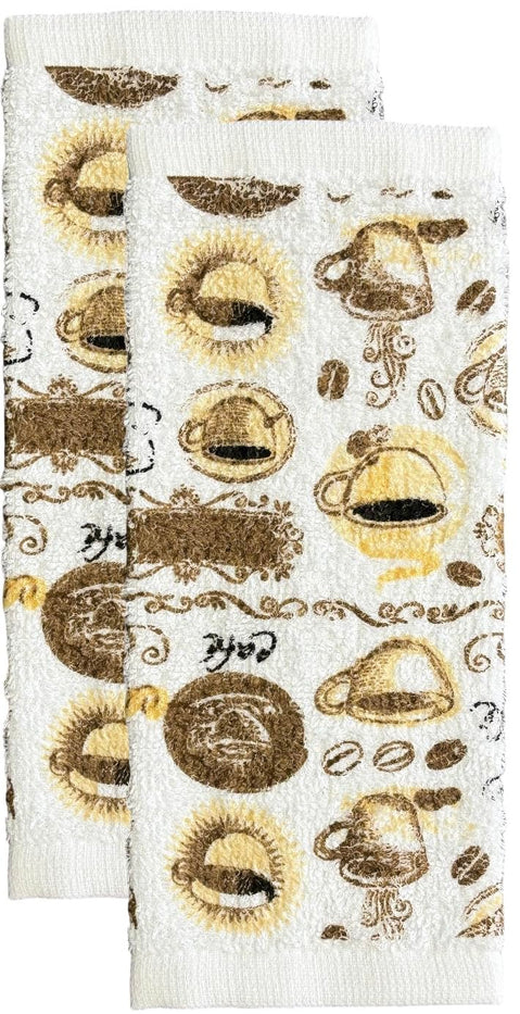 Coffee Design 100% Cotton Printed Kitchen Linen Set of 7, 2 Kitchen Towels, 2 Dish cloths, 2 Pot Holder, 1 Oven mitt, Non Slip, Washable, and Heat Resistant.