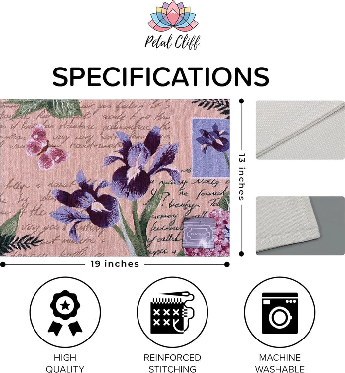 Set of 4, Iris Flowers Printed Tapestry placemats for Dining Table, Table mat for Kitchen Table, Spring and Summer Collection Easy to Clean, Machine Washable Size: 13 x 19 Inches.