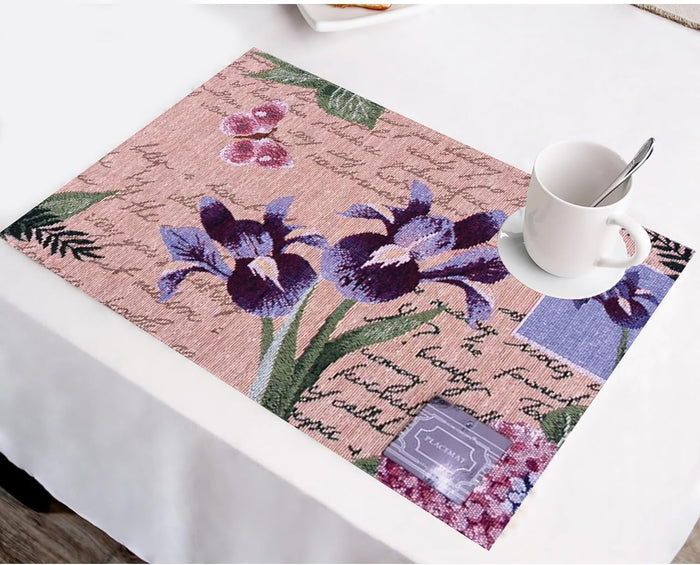 Set of 4, Iris Flowers Printed Tapestry placemats for Dining Table, Table mat for Kitchen Table, Spring and Summer Collection Easy to Clean, Machine Washable Size: 13 x 19 Inches.