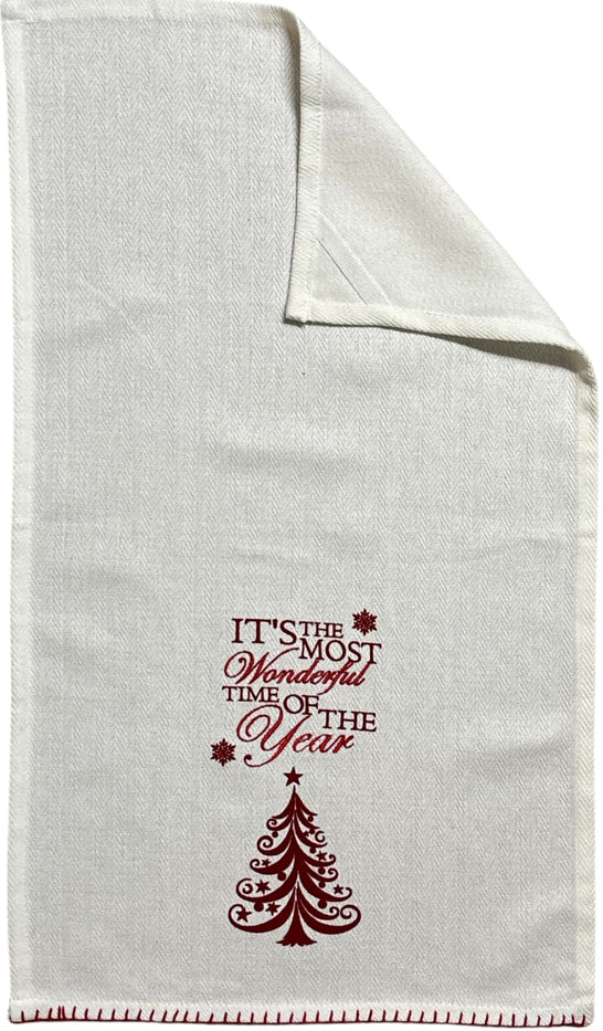 It's The Most Wonderful time of The Year with Snowflakes and Christmas Tree on White Herringbone and Red Waffle Weave, 4 Pcs Cotton Kitchen Towels, Soft and Absorbent, Size: 16” x 28".