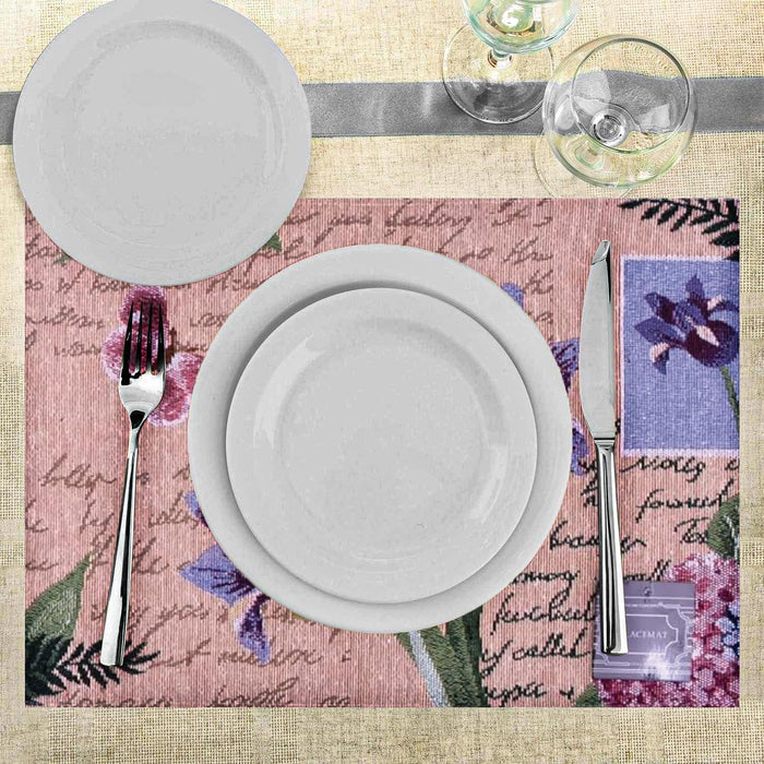 Set of 4, Iris Flowers Printed Tapestry placemats for Dining Table, Table mat for Kitchen Table, Spring and Summer Collection Easy to Clean, Machine Washable Size: 13 x 19 Inches.