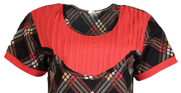 Tunic for Women 100% Cotton Black Diamond Pattern Kurti With Leaf Design Round Neck, Short Sleeves Kurta, Tops.