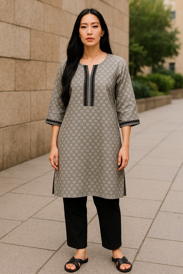 Demask Flower 100% Cotton Silk 3/4 Sleeves Round Neck with Mirror Work around Neck Women Casual Tunic, Tops Perfect for Travel, Festivals and More
