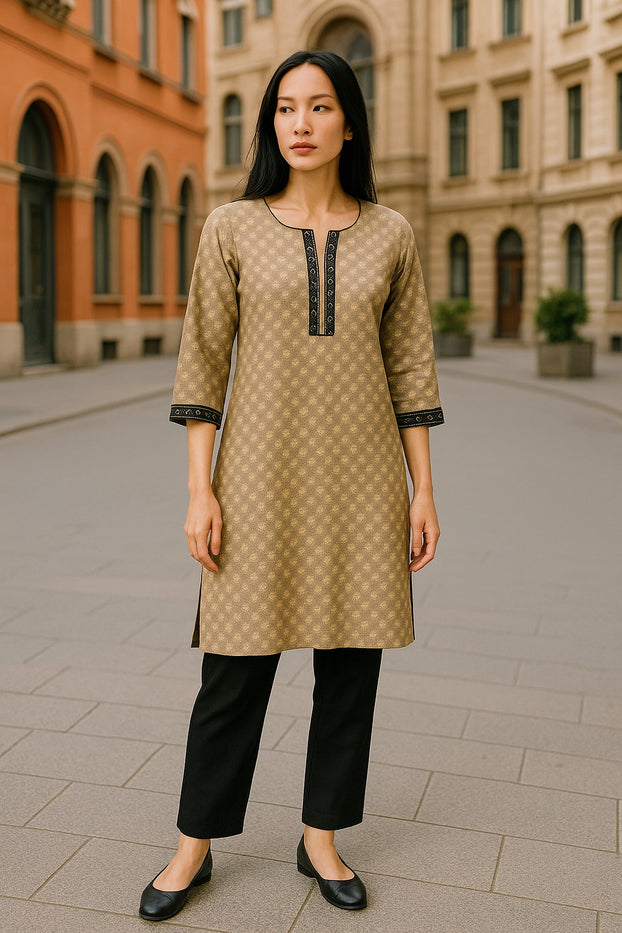 Demask Flower 100% Cotton Silk 3/4 Sleeves Round Neck with Mirror Work around Neck Women Casual Tunic, Tops Perfect for Travel, Festivals and More
