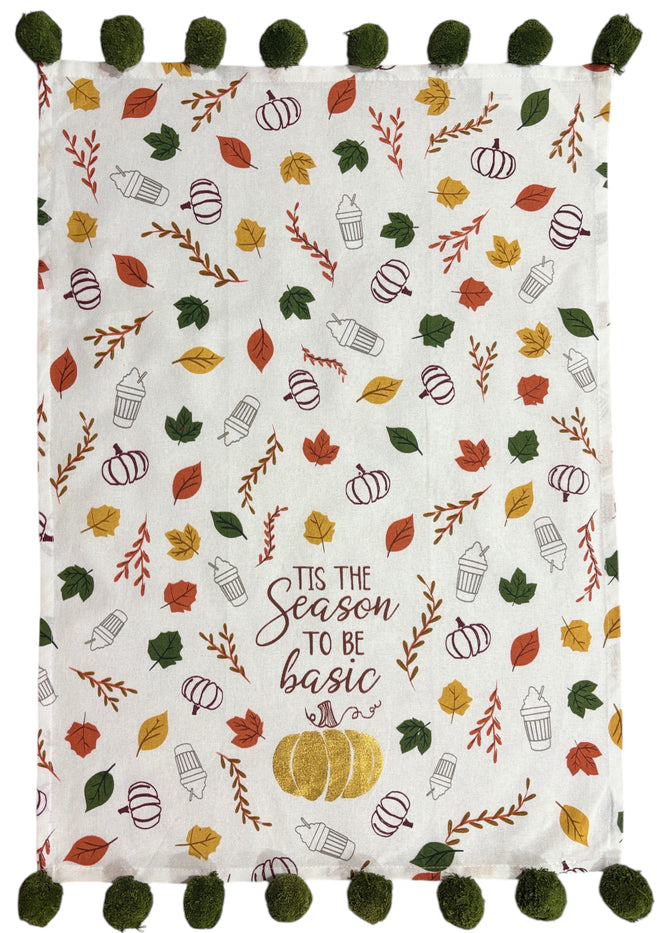 Fall / Autumn Oversized Hand Towels with Pom Pom with Sentiment Fall is My Second Favorite F Word & TIS The Season to Be Basic, Set of 2 Size: 18" x 26"
