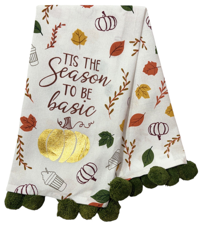 Fall / Autumn Oversized Hand Towels with Pom Pom with Sentiment Fall is My Second Favorite F Word & TIS The Season to Be Basic, Set of 2 Size: 18" x 26"