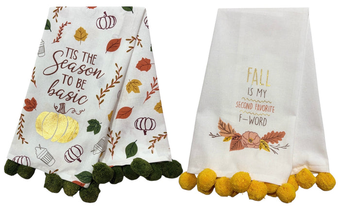 Fall / Autumn Oversized Hand Towels with Pom Pom with Sentiment Fall is My Second Favorite F Word & TIS The Season to Be Basic, Set of 2 Size: 18" x 26"