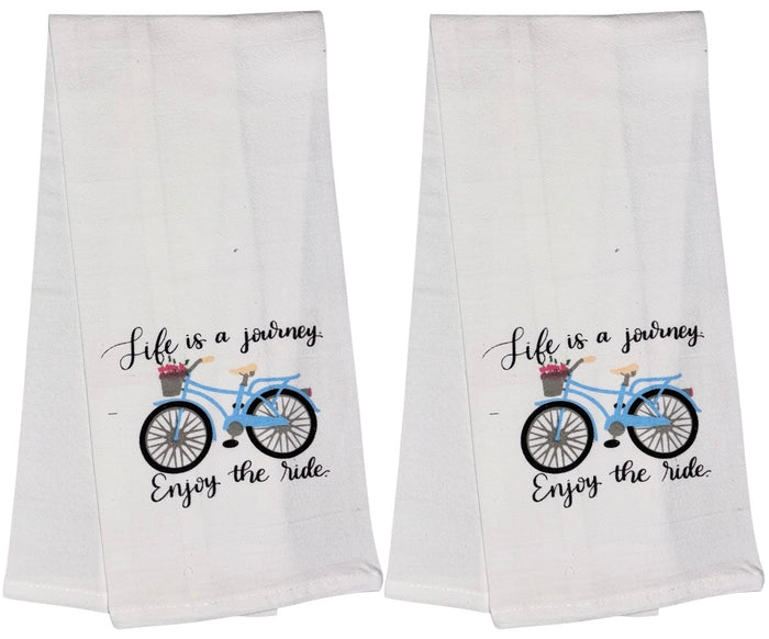 Life is a Journey Enjoy The Ride. Two Pcs Funny Flour Sack Kitchen Towels Soft and Absorbent Size: 16 X 28 Inches.