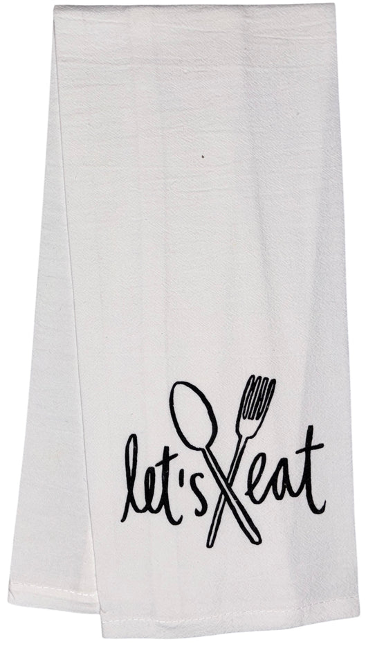 Let’s eat with Spoon and Fork. Two Pcs Funny Flour Sack Kitchen Towels Soft and Absorbent Size: 16 X 28 Inches.