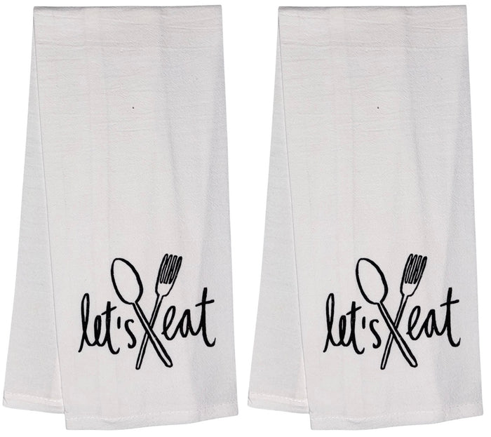 Let’s eat with Spoon and Fork. Two Pcs Funny Flour Sack Kitchen Towels Soft and Absorbent Size: 16 X 28 Inches.