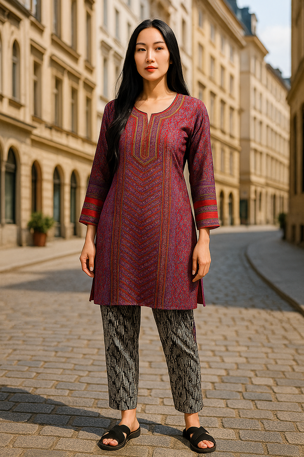 Tunic for Women Round Neck Short Printed Crape Kurti Kurta Long Sleeves Tunic Top. 125-L