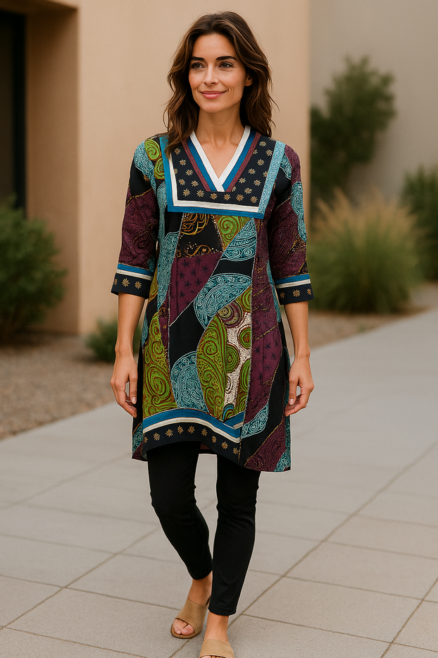 Paisley, Floral, Geometric Pattern with multi colorful patchwork design, 3/4 sleeves, Knee length Tunic, Kurti.