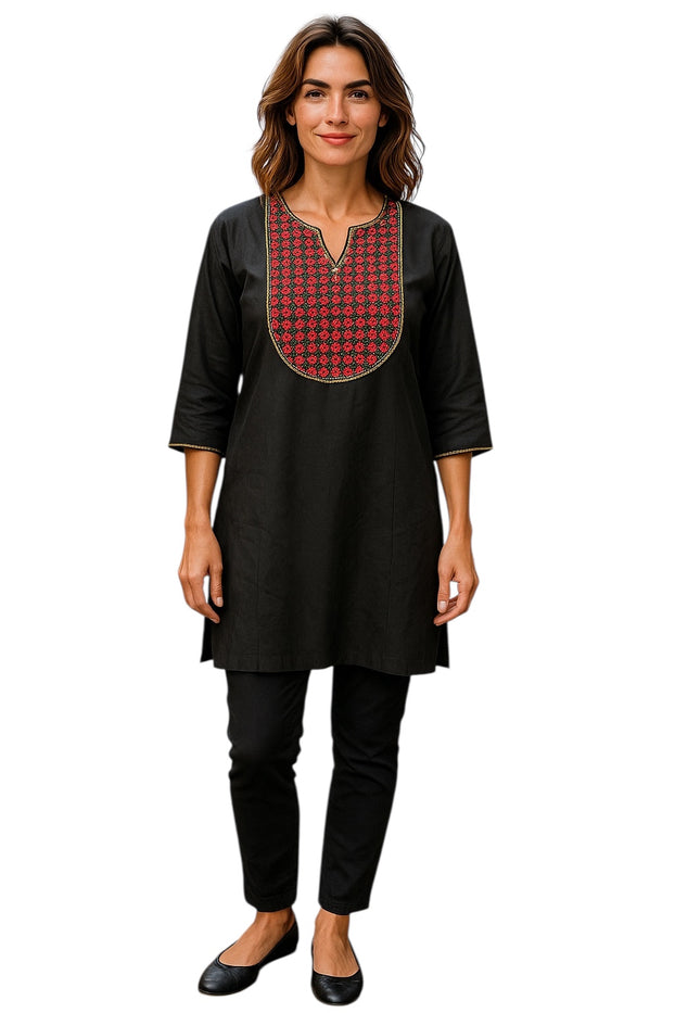 Black Tunic for Women Red Flower with Green Piping, Round Neck, 3/4 Sleeveless Kurti, Top.