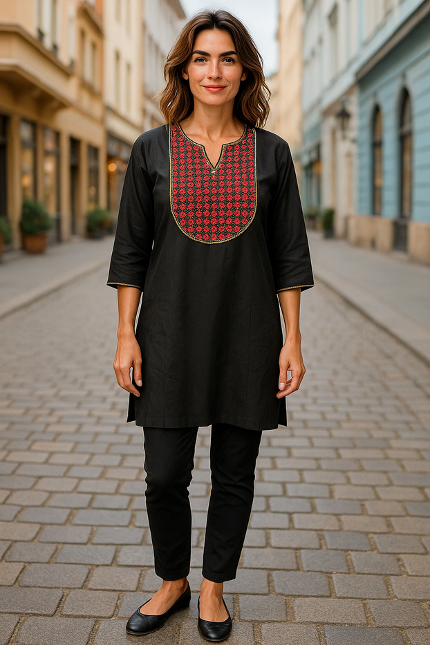 Black Tunic for Women Red Flower with Green Piping, Round Neck, 3/4 Sleeveless Kurti, Top.