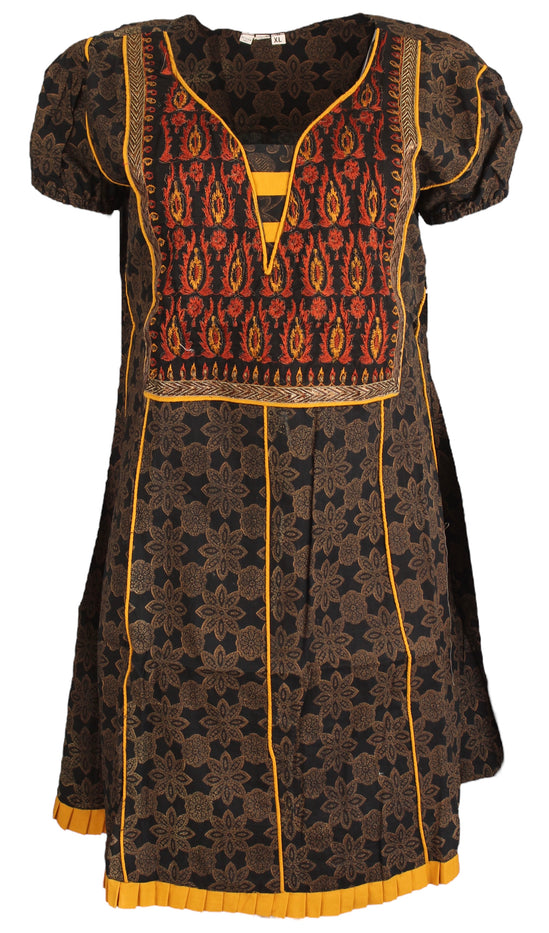 Black Design Kurti with Mango Print with Red, Orange and Gold V-Neckline, Short Sleeves Balloon Kurti, Top.