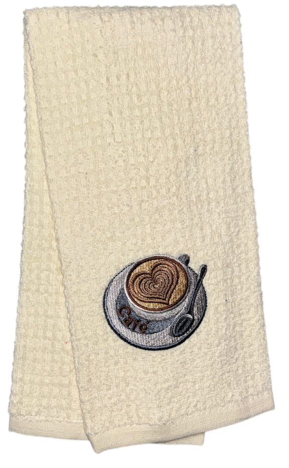 Two pcs, Café Embroidery Heart and Plain Cotton Terry Kitchen Towel, Super Absorbent, Heavy Duty, Great for Kitchen, or Household Size: 15” x 25”.