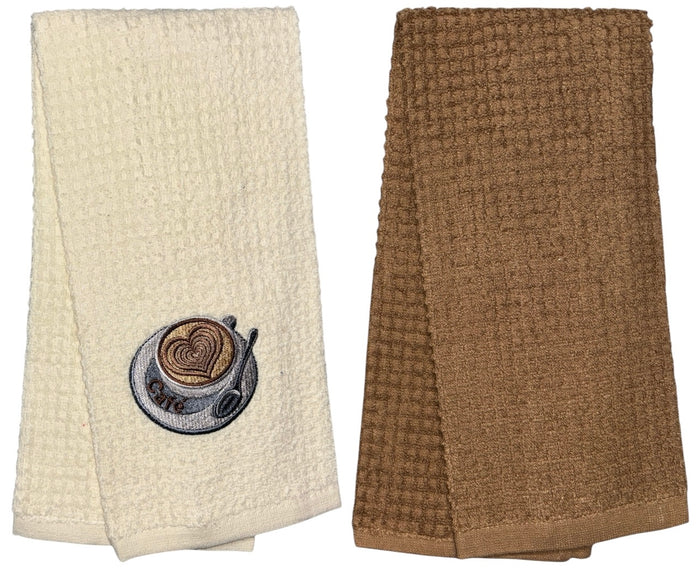 Two pcs, Café Embroidery Heart and Plain Cotton Terry Kitchen Towel, Super Absorbent, Heavy Duty, Great for Kitchen, or Household Size: 15” x 25”.