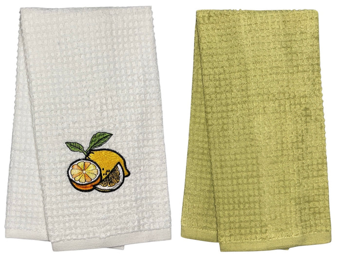Two pcs, Lemon Embroidery and Plain Cotton Terry Kitchen Towel, Super Absorbent, Heavy Duty, Great for Kitchen, or Household Size: 15” x 25”.