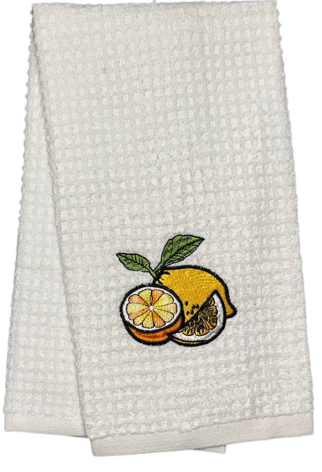 Two pcs, Lemon Embroidery and Plain Cotton Terry Kitchen Towel, Super Absorbent, Heavy Duty, Great for Kitchen, or Household Size: 15” x 25”.