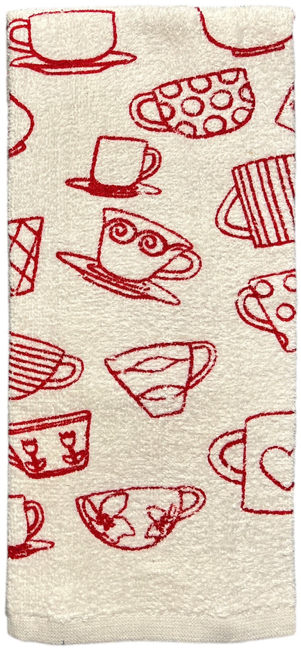 Four pcs, Cup and Saucers Design Cotton Kitchen Towels and Plain Terry Towels, Super Absorbent, Heavy Duty, Great for Kitchen or Household Size: 16” x 26”.