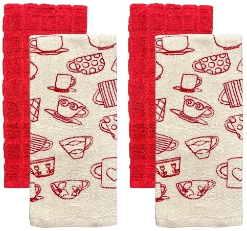 Four pcs, Cup and Saucers Design Cotton Kitchen Towels and Plain Terry Towels, Super Absorbent, Heavy Duty, Great for Kitchen or Household Size: 16” x 26”.