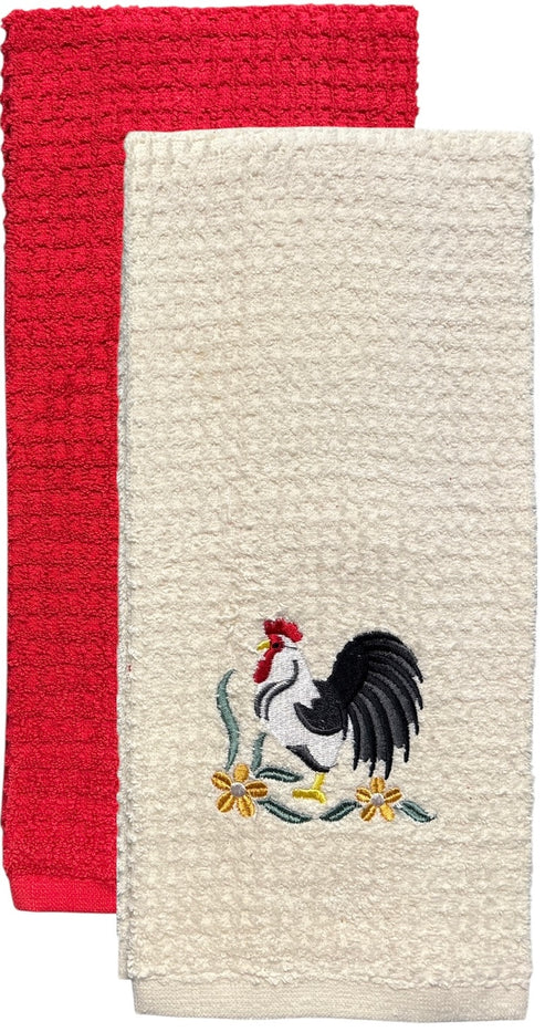 Two pcs, Rooster Embroidery and Plain Terry Cotton Kitchen Towel, Super Absorbent, Heavy Duty, Great for Kitchen, or Household Size: 15” x 25”.