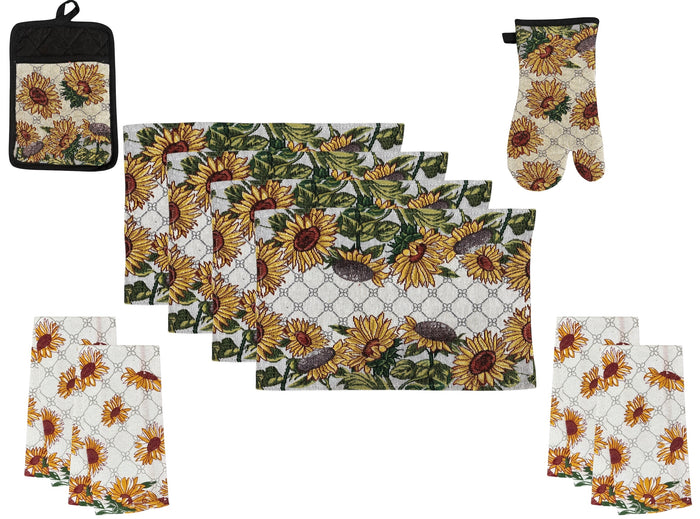 Set of 10 Sunflower Design Tapestry Kitchen Sets Includes 4 Placemats, 4 Kitchen Towels, a Potholder, and an Oven Mitt.