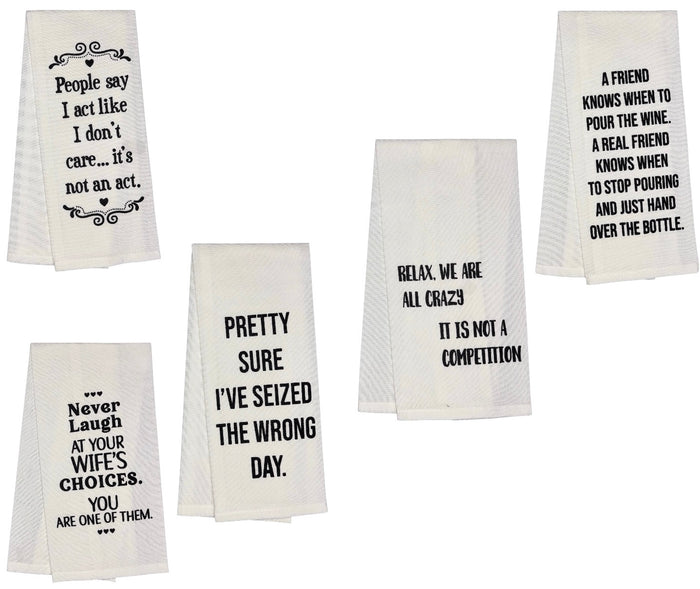 Decorative Funny Kitchen Towels - Set of 5 100% Cotton Witty Flour Sack Tea Towels Dish Towels for Wedding, Baby Shower, Home Decor, Housewarming, Other Occasions Size 15 X 25 Inch.