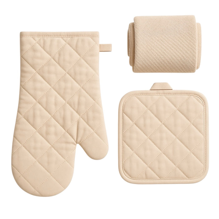 Three Pcs, Solid Quilted Heat-Resistant Kitchen Sets: Kitchen Towels, Oven Mitts, and Potholders Ultra-Absorbent and Durable. (Red)