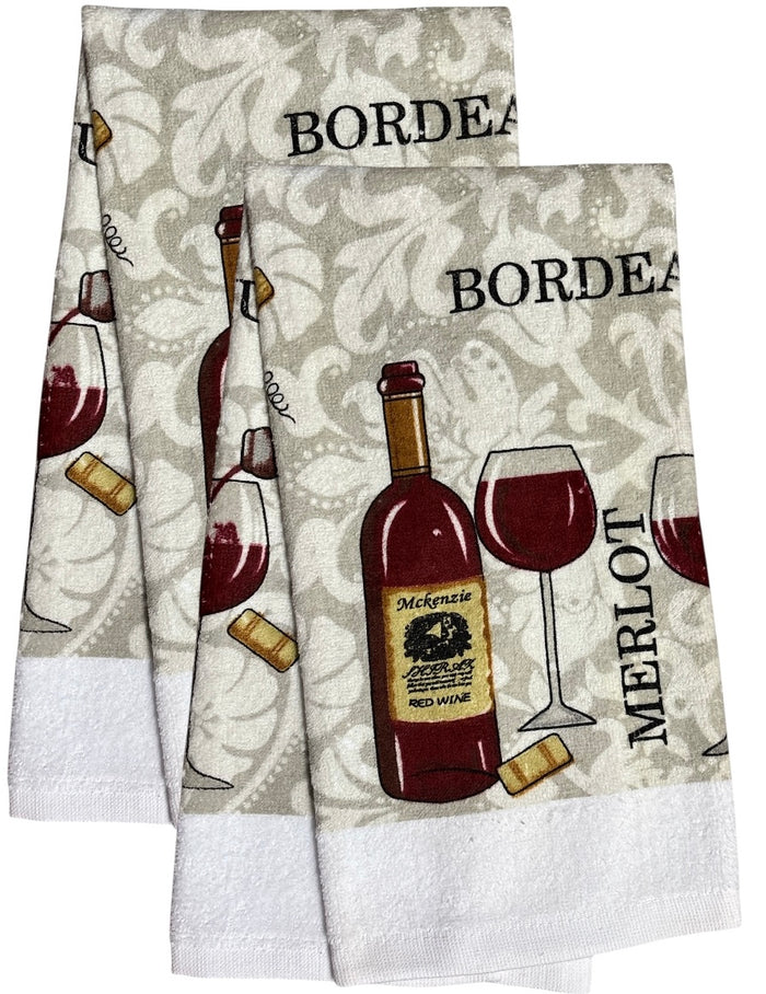 Set of 2, 100% Cotton Merlot Wine Design Everyday Printed Kitchen Towels, Soft and Absorbent Size: 18” x 28".