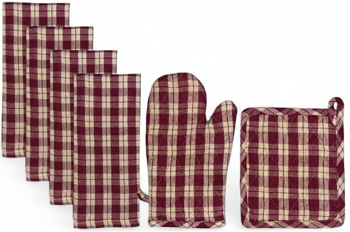 Set of 6, 100% Cotton Farmhouse Country Kitchen Linen Set, Included 4 Kitchen Towel, Ovenmitt, Potholder.