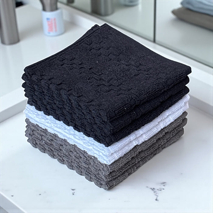 Wash Cloths Set of 8 - Checkered Design 100% Cotton Washcloths, Designed to exfoliate Your Hands, Body and face - Soft and Extra Absorbent Size 12" X 12".