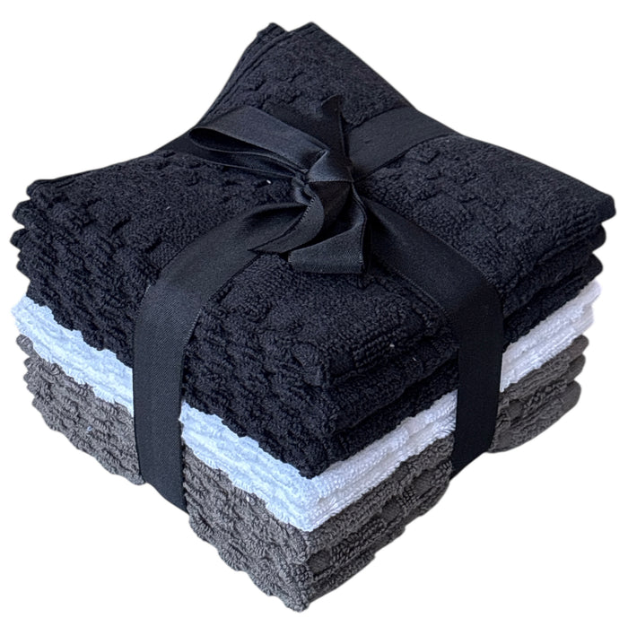 Wash Cloths Set of 8 - Checkered Design 100% Cotton Washcloths, Designed to exfoliate Your Hands, Body and face - Soft and Extra Absorbent Size 12" X 12".