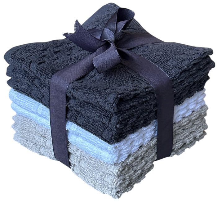 Wash Cloths Set of 8 - Checkered Design 100% Cotton Washcloths, Designed to exfoliate Your Hands, Body and face - Soft and Extra Absorbent Size 12" X 12".