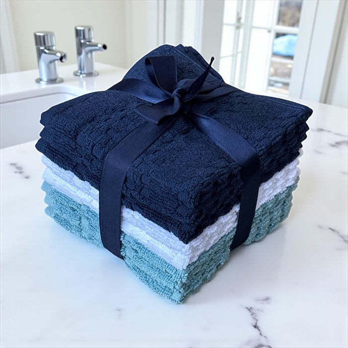 Wash Cloths Set of 8 - Checkered Design 100% Cotton Washcloths, Designed to exfoliate Your Hands, Body and face - Soft and Extra Absorbent Size 12" X 12".